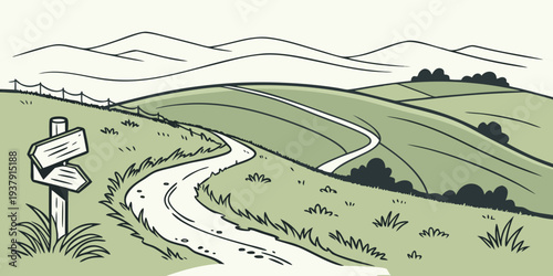 A winding path through a lush green valley with rolling hills in the background. Vector