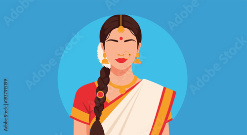 Indian woman wearing a white and red saree with gold jewelry and a bindi is depicted against a blue circle background in this portrait.