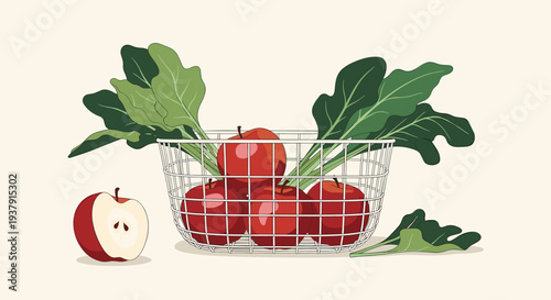 Wire basket is overflowing with fresh red apples and large green spinach leaves in this healthy food vector illustration.