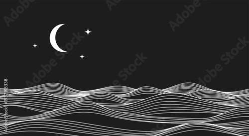 Stylized landscape shows rolling waves of water under a white crescent moon and four-pointed stars in a dark night sky.