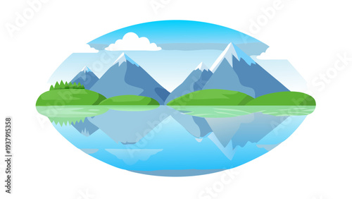 A serene landscape with a tranquil lake and majestic mountains in the background. Vector