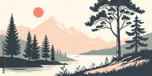 A serene landscape with a vibrant sunset and a tranquil lake surrounded by tall trees Vector