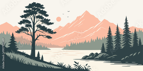 A serene landscape featuring a tranquil lake surrounded by majestic mountains and lush trees. Vector