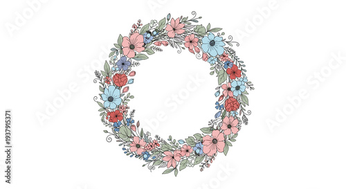 Beautiful circular wreath is composed of pink, blue, and red wildflowers with green leaves and delicate vine tendrils on white.