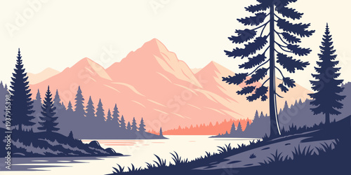 A serene mountain landscape with a calm lake reflecting the surrounding trees and peaks Vector