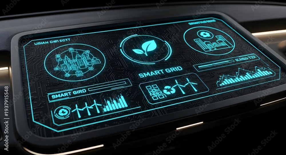 Fototapeta premium A futuristic smart grid control panel displaying various eco-friendly and technological data visualizations