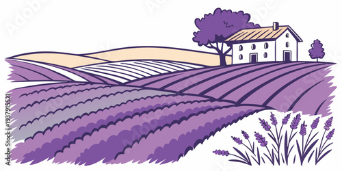 A picturesque countryside landscape with a farmhouse and rolling hills Vector