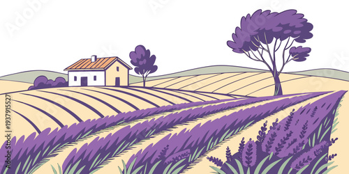 A serene landscape featuring a farmhouse nestled amidst rolling hills and lush fields Vector