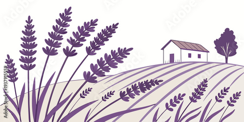 A serene landscape featuring a herd of deer amidst a field of tall, purple lavender flowers. Vector