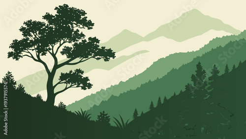 A majestic tree stands tall on a misty mountain peak, overlooking a serene valley. Vector