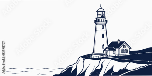 A serene lighthouse standing tall on a rocky cliff overlooking the vast ocean. Vector