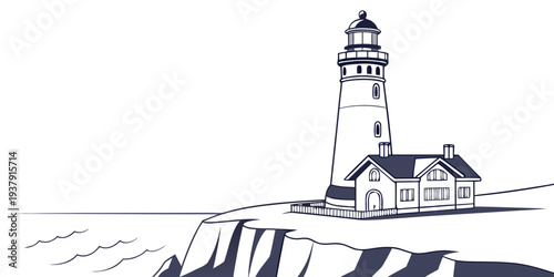 A serene lighthouse standing tall on a rocky cliff overlooking the vast ocean. Vector