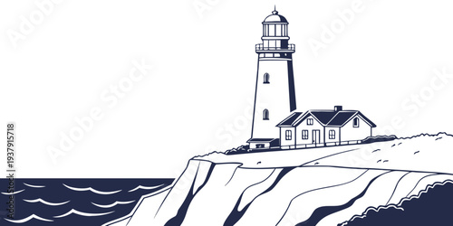 A solitary lighthouse stands tall on a rocky cliff overlooking the vast ocean. Vector