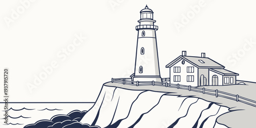 A detailed illustration of a lighthouse standing tall on a rocky cliff by the sea. Vector