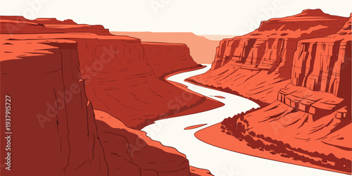 A vast desert landscape with towering red rock formations and winding riverbeds Vector
