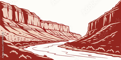 A vast canyon landscape with deep red hues and towering cliffs under a clear blue sky Vector