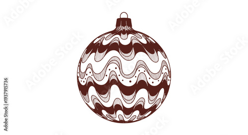 Detailed black and white line art illustration of a round Christmas bauble with intricate wavy patterns and dotted decorative elements.