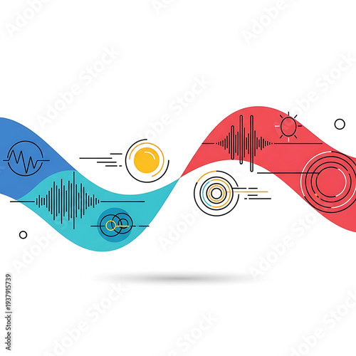 Dynamic abstract sound wave illustration with colorful flowing lines and sound icons for music, technology, and data concepts