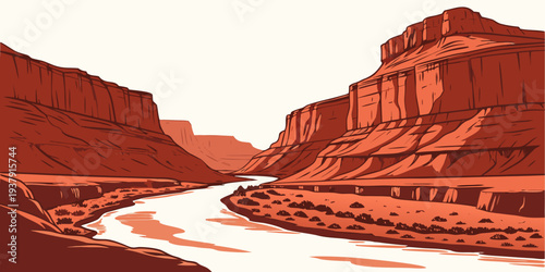 A serene river winding through a vast desert landscape with towering rock formations Vector