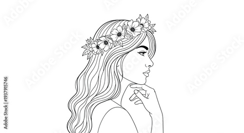 Beautiful black and white line art portrait of a woman in profile wearing a delicate crown of flowers in her long flowing hair.