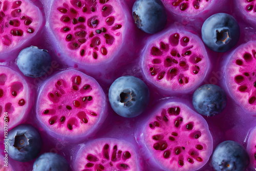Colorful Close-Up of Sliced Fruit and Berries with Bright Background