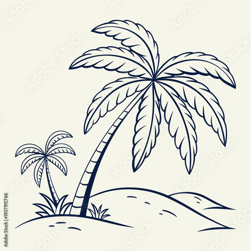 Two palm trees on a small island with a sandy beach and blue ocean Vector