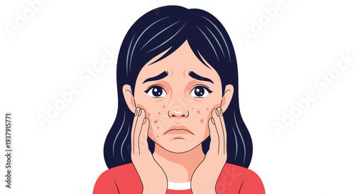 Illustration of a young girl with a sad expression touching her cheeks which are covered with acne for skincare and self esteem concepts.