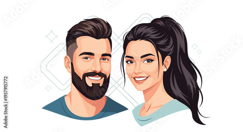 Cheerful portrait of a young man with a well groomed beard and a smiling woman with a stylish high ponytail against a geometric background.