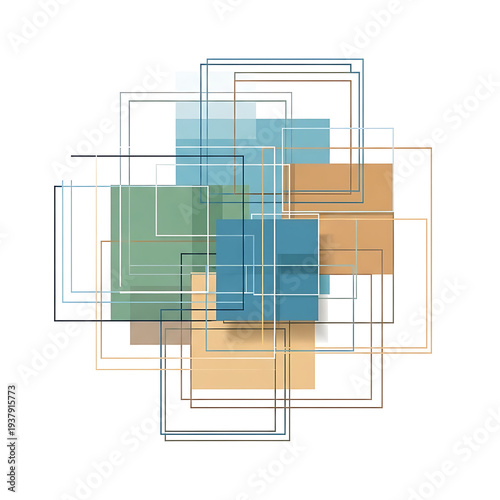Overlapping translucent squares and rectangles in soft earthy tones creating a layered, modern abstract background design
