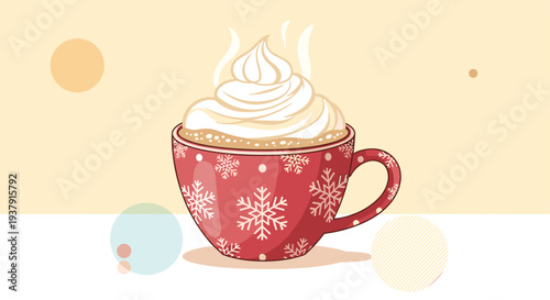 Festive illustration of a red mug decorated with snowflakes and filled with a hot drink topped with a generous swirl of whipped cream.