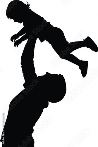 Father lifting young child high in the air silhouette isolated on white background for family love parenthood happiness togetherness childhood joy and fatherhood celebration.