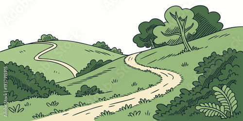 A picturesque countryside landscape with rolling hills and a winding road. Vector