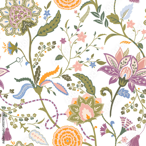 Seamless Oriental Floral Ornament Pattern with Decorative Botanical Motifs, stylized flowers and leaves inspired by Asian design, elegant ornamental background for wallpaper, textile and fabric