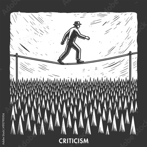 man balancing on a tightrope above sharp spikes labeled criticism, fear of judgment, public pressure, and resilience sketch engraving generative ai vector illustration. Scratch board. Black and white.