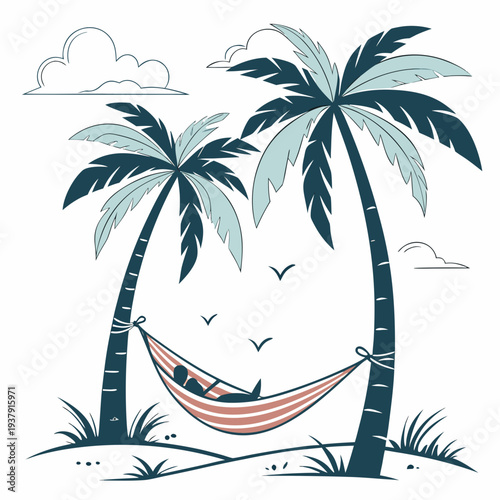A tranquil beach scene with a hammock between two palm trees and birds flying in the sky. Vector