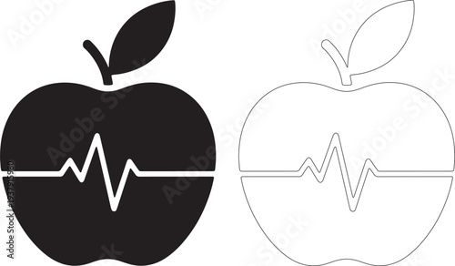 Black and white apple silhouettes with heart monitor line