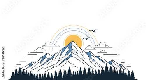 Stunning line art landscape featuring a majestic mountain peak with a rising sun flying birds and a dense pine forest at its base.