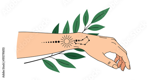 Artistic illustration of a hand and forearm adorned with a minimal sun and constellation tattoo set against a backdrop of green leaves.