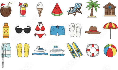 Summer Vacation Vector Set with Tropical Drinks, Ice Cream, Beachwear, Sun Protection, and Cruise IconsSummer Vacation Vector Set 