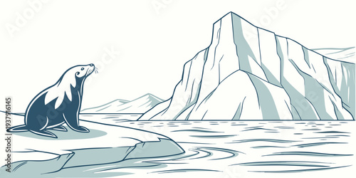 A majestic black and white illustration of a whale swimming in icy waters. Vector