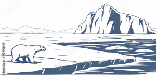 A majestic polar bear walking along the icy shore of a frozen landscape Vector