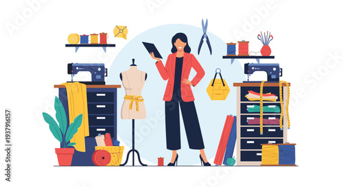 Detailed flat illustration of a professional fashion designer in her studio equipped with sewing machines dress forms and colorful fabrics.
