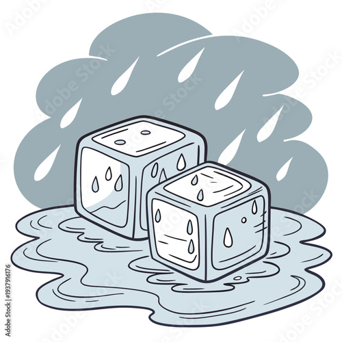 Ice cubes melting in a puddle of water with raindrops falling from a cloudy sky. Vector