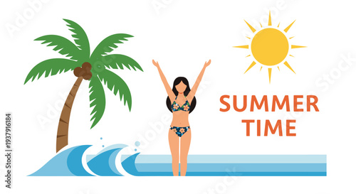 Colorful summer time illustration of a woman in a floral bikini standing in the ocean near a palm tree under a bright yellow sun.