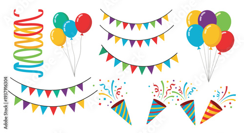 Festive collection of party decorations featuring colorful balloons bunting flags confetti and party poppers for celebratory events.