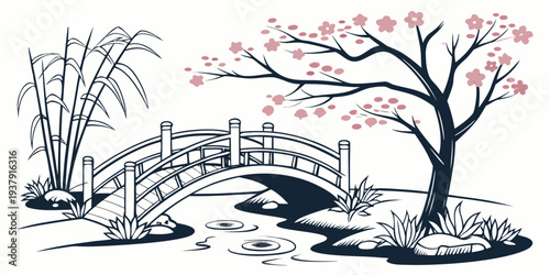 A serene landscape featuring a tranquil pond surrounded by barren trees and distant mountains Vector