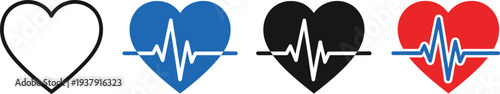 Heart Rate Icon Set Featuring Heartbeat and Pulse Symbols in Different Colors for Medical and Health ApplicationsHeart Rate Icon Set 