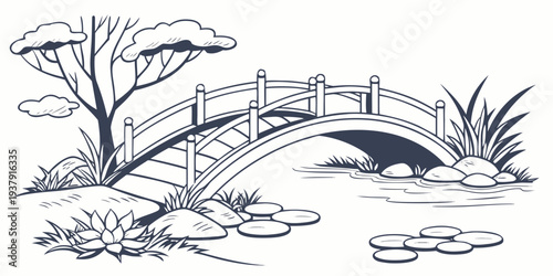 A serene landscape with a small bridge over a tranquil pond surrounded by lush vegetation Vector