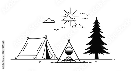 Minimalist black and white line art illustration of a serene camping scene with a tent campfire and pine tree in the mountains.