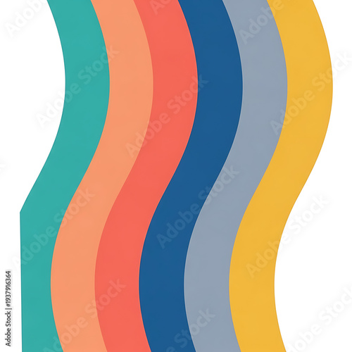 Colorful wavy stripes of teal, coral, blue, gray, and yellow flowing dynamically on a white background